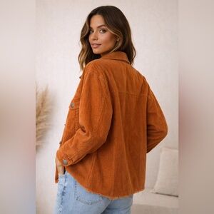 Boutique Rust Corduroy Jacket Oversized Shacket Raw Hem Snap Button Women’s
